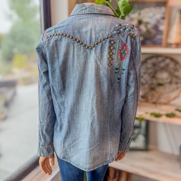 Double D Ranch, Embroidered Denim Shirt Jacket Snap Buttons, Studs, Beads-Large - Picture 8 of 14